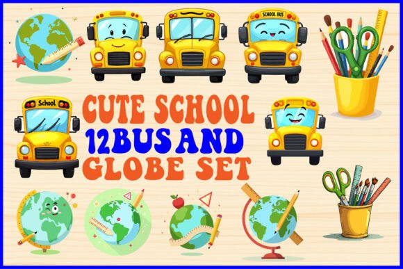 Cute School Bus Globe Clipart Set for Crafts and Graphics