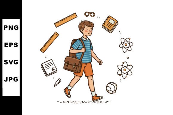 Schoolboy Walking with Bag and Science E Graphics