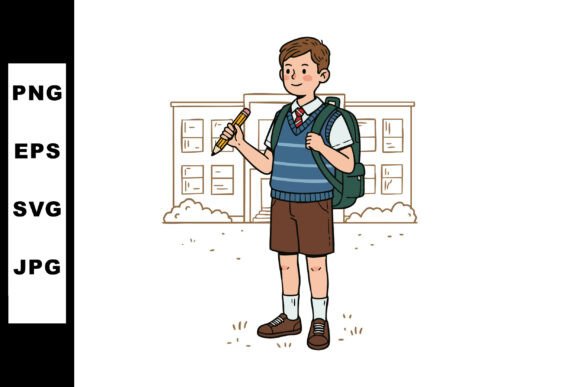 Schoolboy with Backpack Holding Pencil I - Illustration for Graphics
